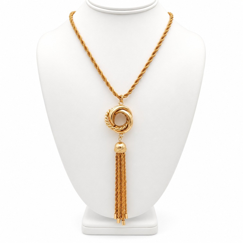 Gold Tone Long Rope Chain Love Knot Tassel Pendant Necklace 32–33 Inch